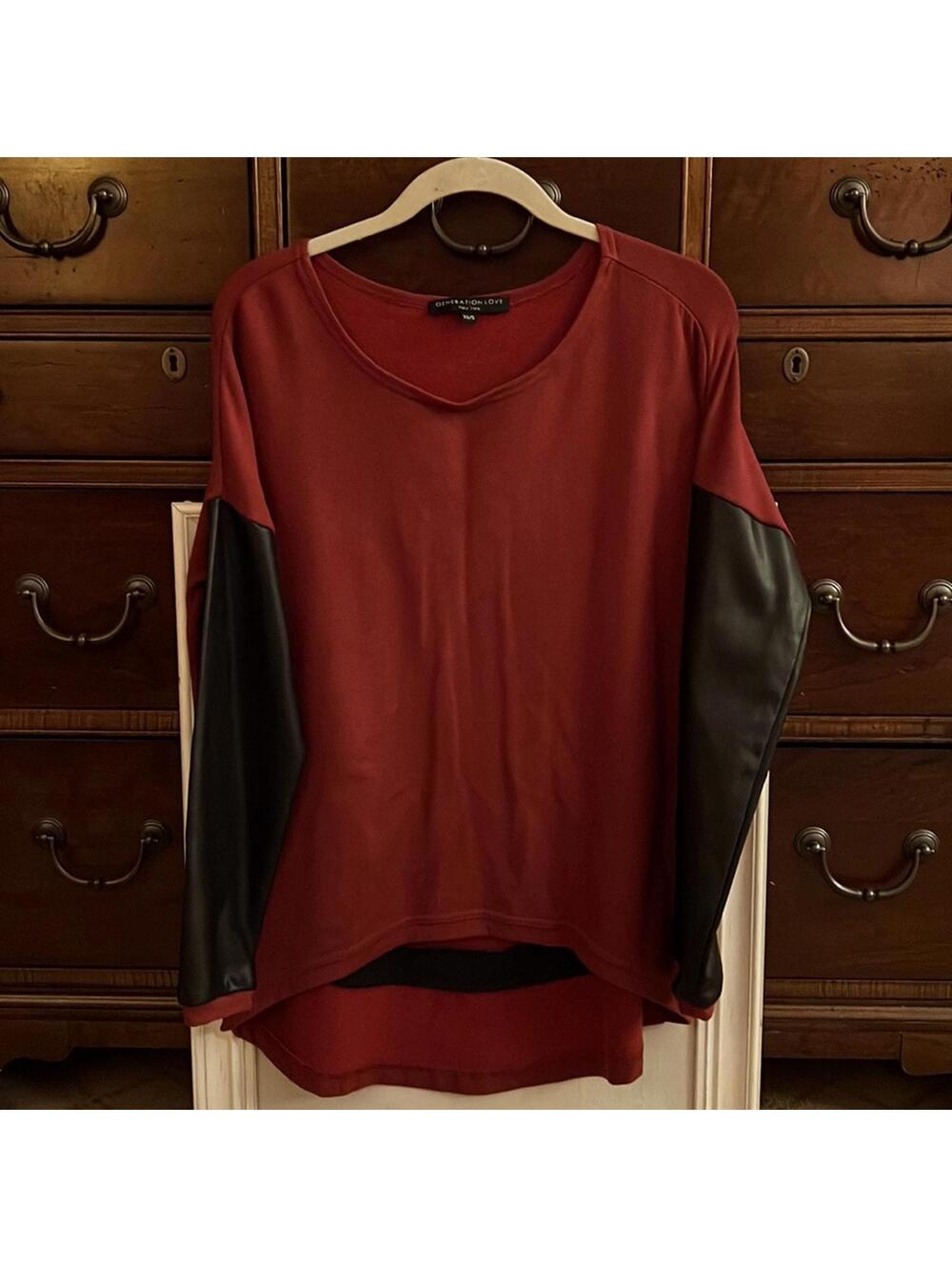 Generation Love burgundy crew neck sweatshirt w faux leather sleeves  XS/S